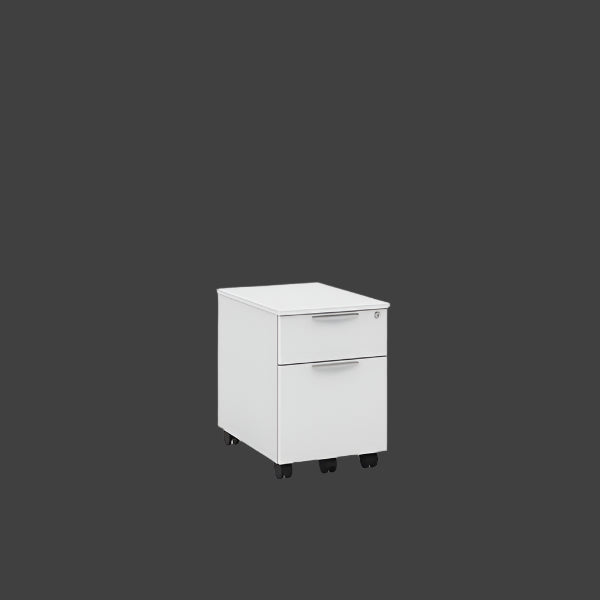 A gray mobile pedestal file cabinet with locking drawers and heavy-duty casters.