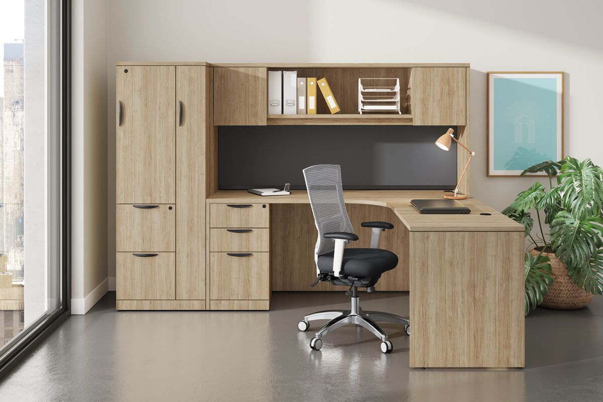 Private office furniture inspiration. L shape desk with storage.