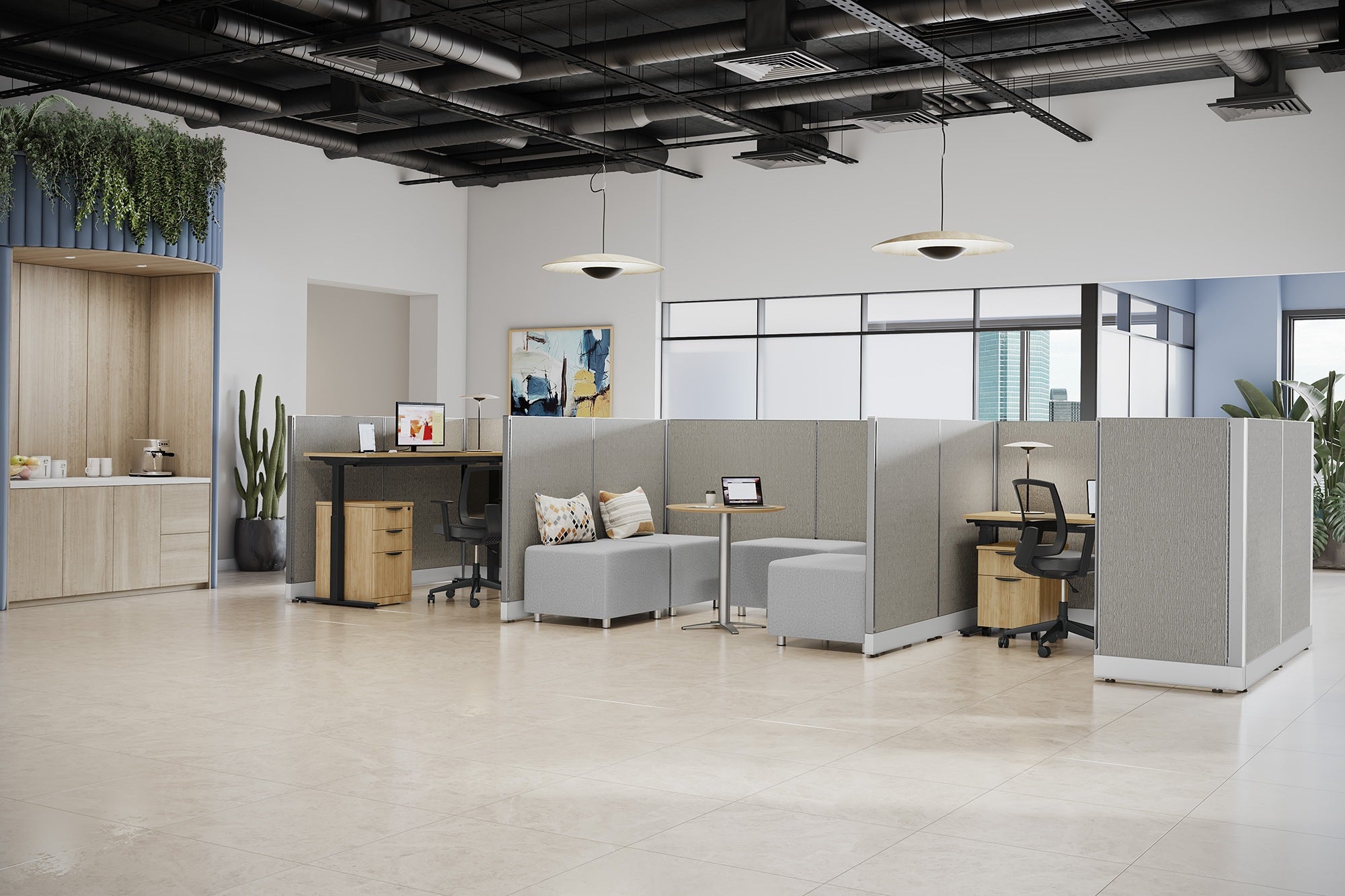Coworking furniture with panels and adjustable height desks.