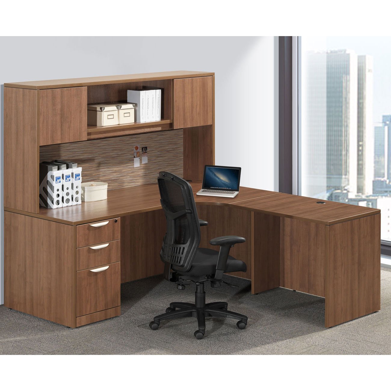L Desk with Overhead Hutch & File