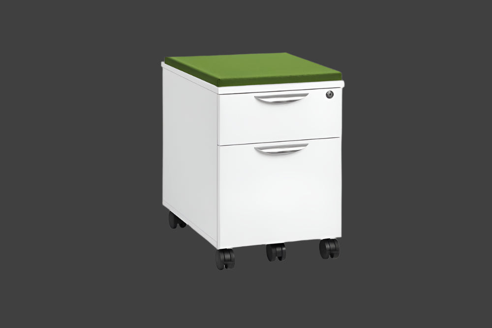A brown mobile file cabinet with a cushion on top and a locking drawer, mounted on casters.