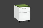A brown mobile file cabinet with a cushion on top and a locking drawer, mounted on casters.