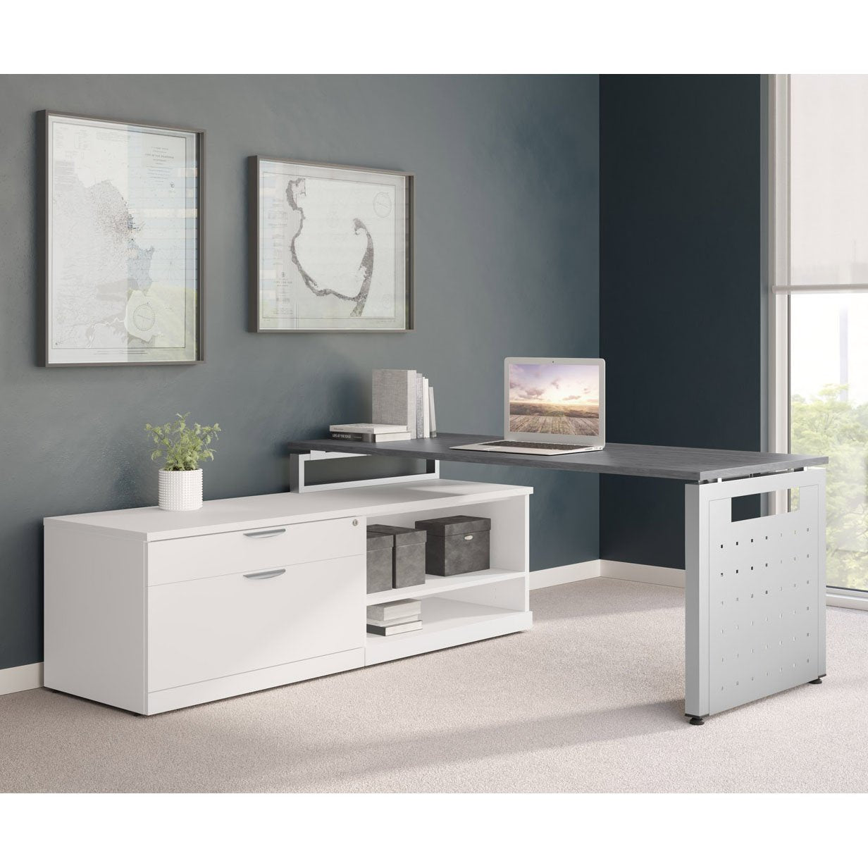 Contemporary L Desk with Lateral File