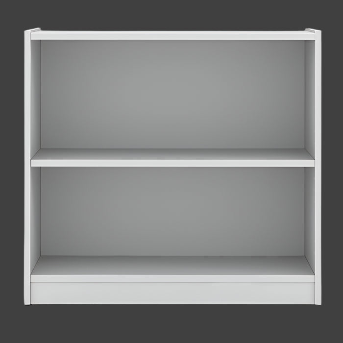 White bookshelf with two shelves on a white background