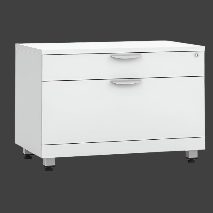 White two-drawer filing cabinet on a white background