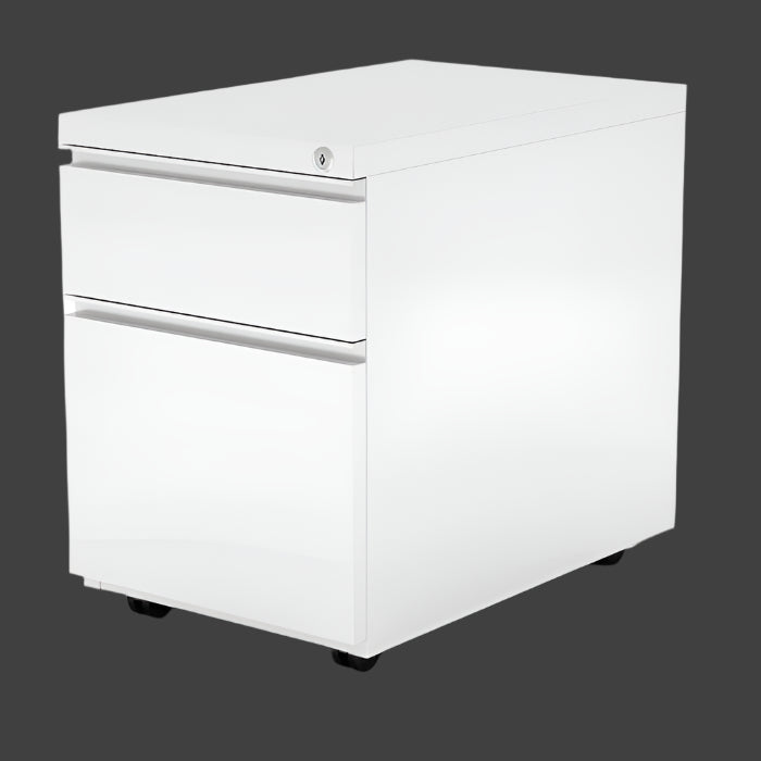 White metal file cabinet with two drawers on a white background