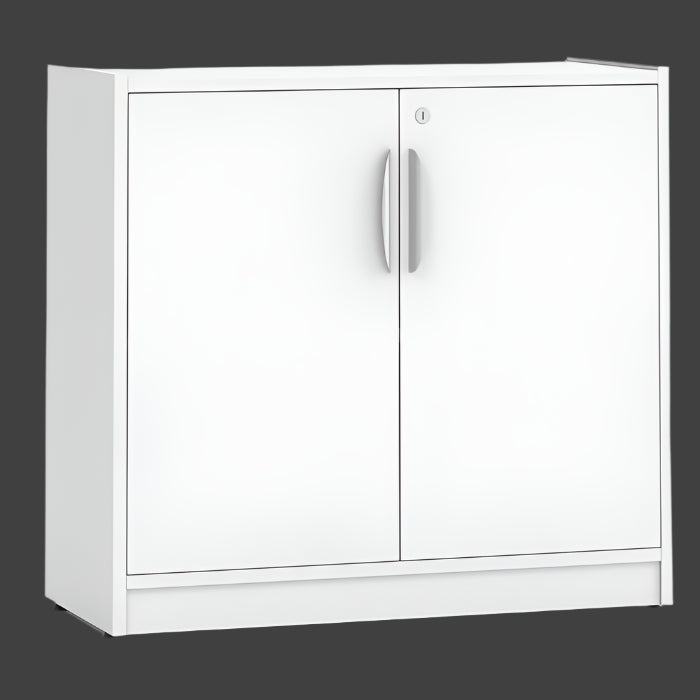 White storage cabinet with two doors on a white background