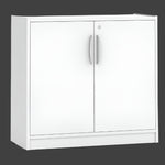 White storage cabinet with two doors on a white background