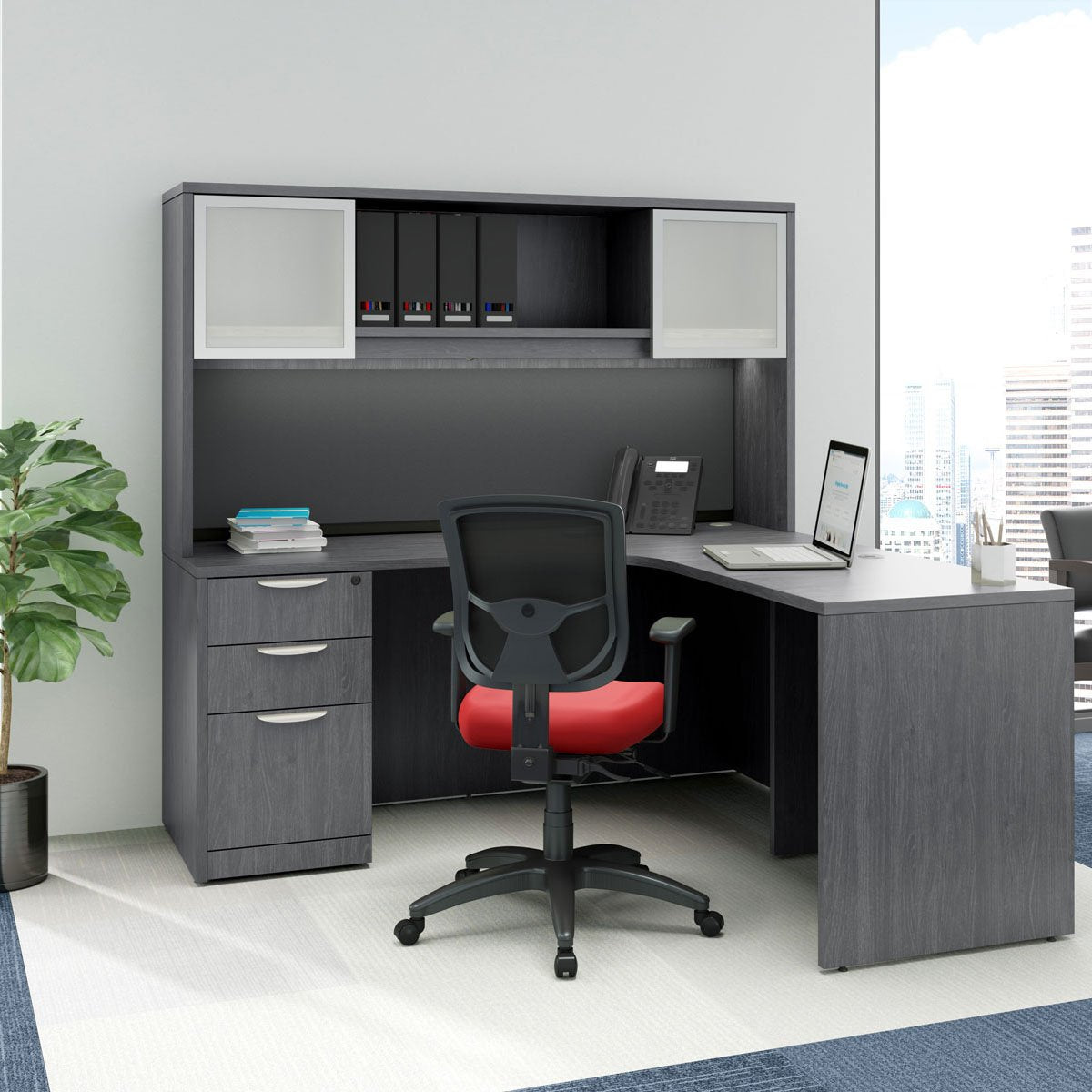 Classic Series L Desk with Overhead Hutch & File