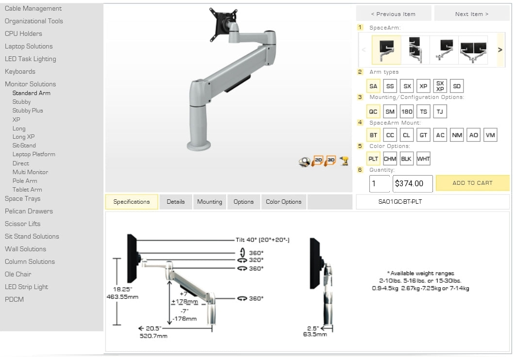 SpaceCo Sit to Stand Monitor Arm