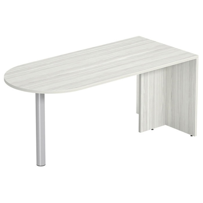A modern L-shaped office desk with a light gray wood grain finish and a single silver metal leg, shown on a plain white background.
