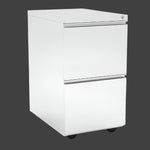 White two-drawer filing cabinet on a white background