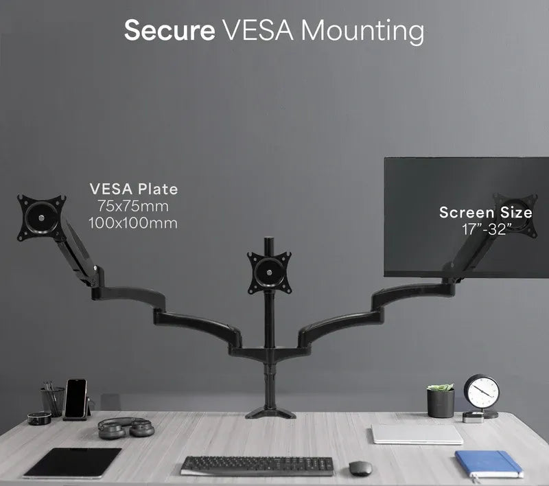 Clamp-On Pneumatic Triple Monitor Arm