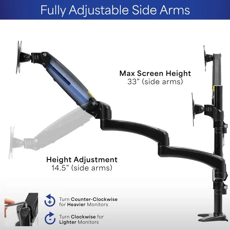 Clamp-On Pneumatic Triple Monitor Arm