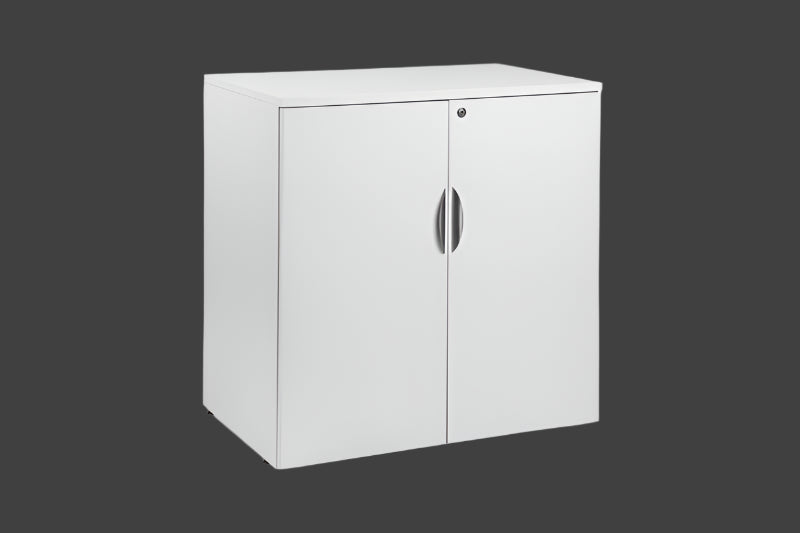 White storage cabinet with two doors on a white background