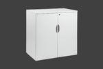 White storage cabinet with two doors on a white background