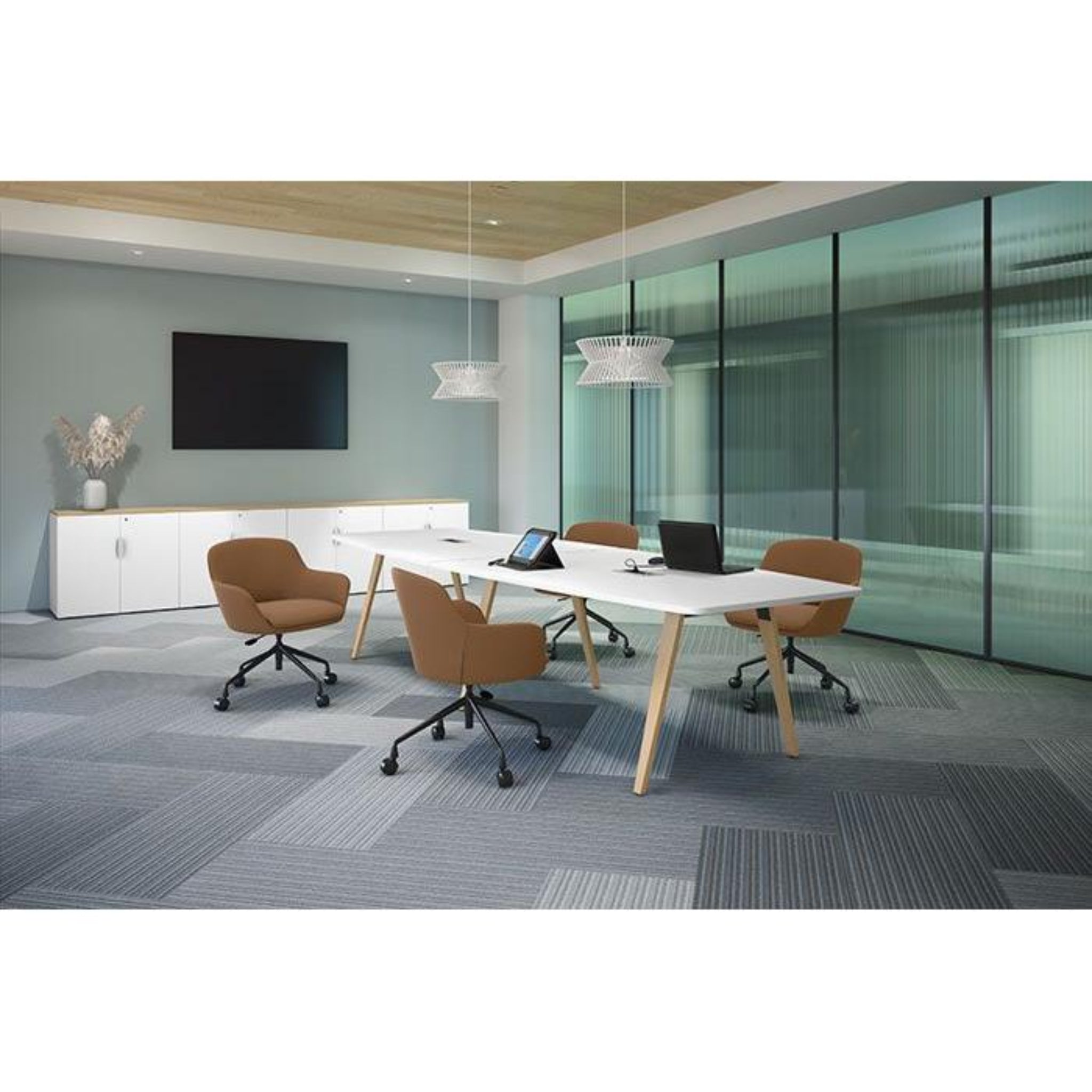 Madison Series Boat-Shaped Conference Table - Wood Legs 14' & 16' White Natural