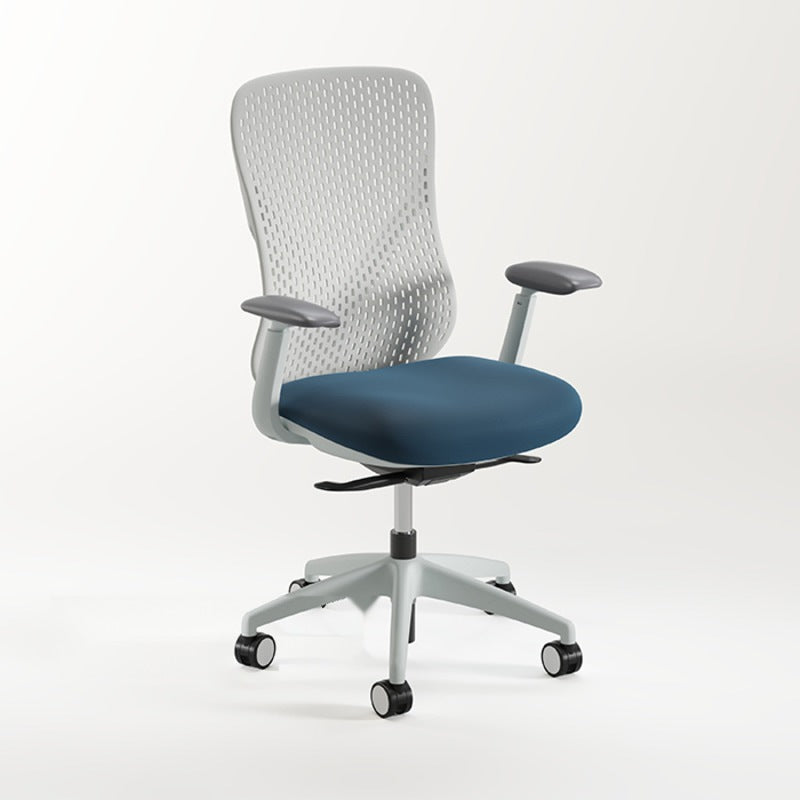 Konfurb Nuvé Executive Chair, white frame, blue seat, angled view