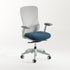 Konfurb Nuvé Executive Chair, white frame, blue seat, angled view