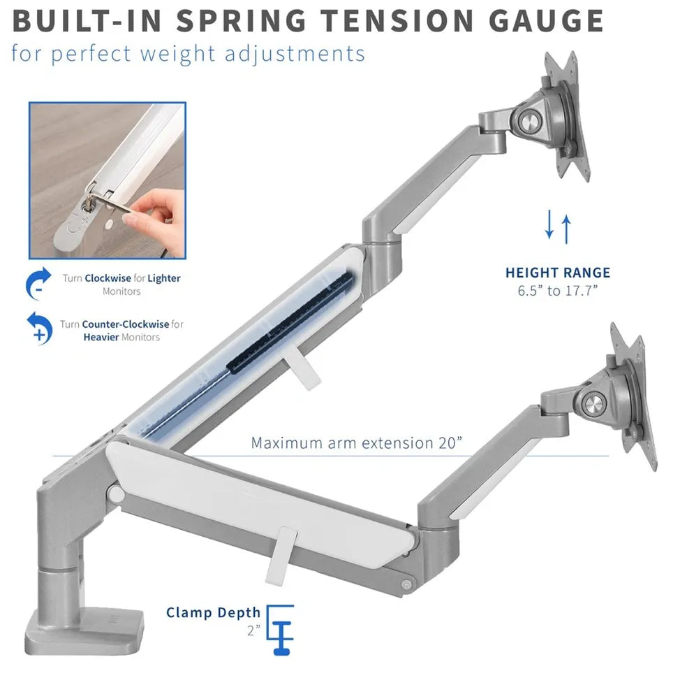 Clamp-On Pneumatic Dual Monitor Arm