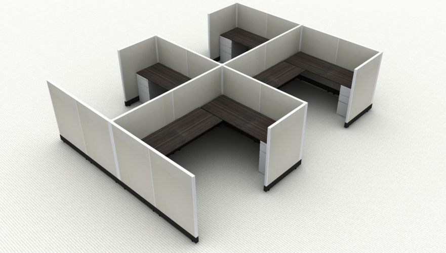Systems In-Stock 6x8 four station square cubicle cluster, 53 inch seated privacy panel height, a Herman Miller AO2 alternative