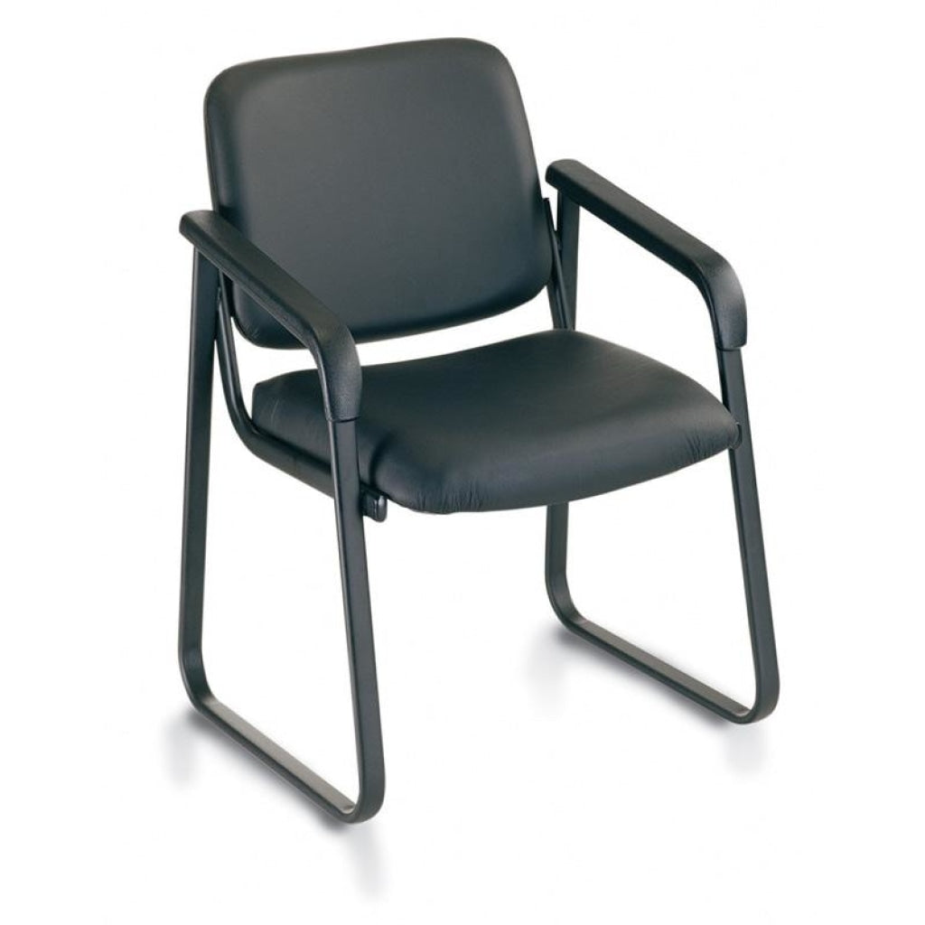 The Ashton is a contemporary guest chair perfect for guest, lobby and educational environments. Stocked in black antimicrobial vinyl with black frame.