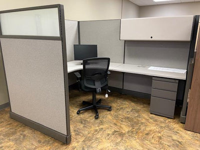 Herman Miller Cubicle with Frosted Panel and Overhead Storage