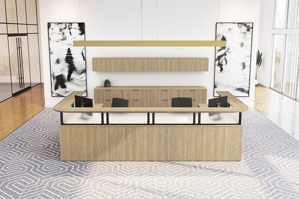 Double Reception Center Desk with Filing and Overhead Storage