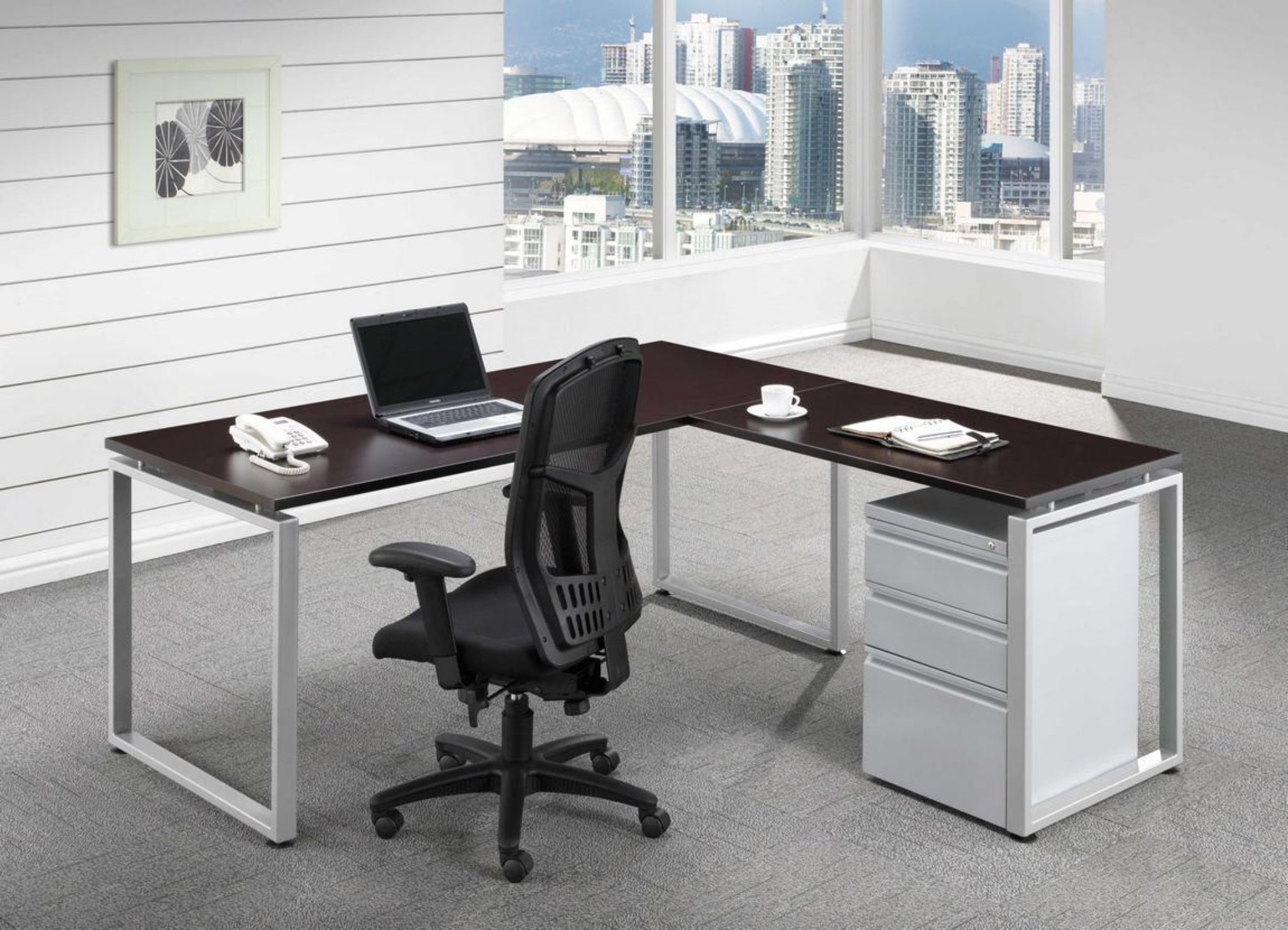 L Desk with Metal File